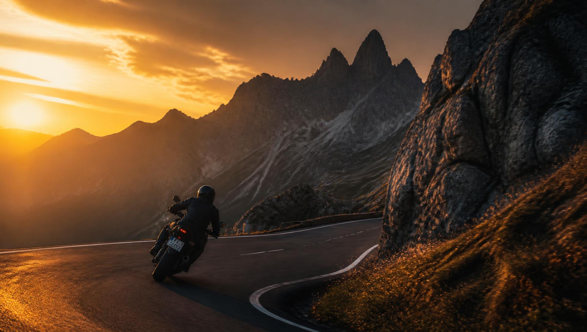 Motocyklista na górskiej drodze o zachodzie słońca